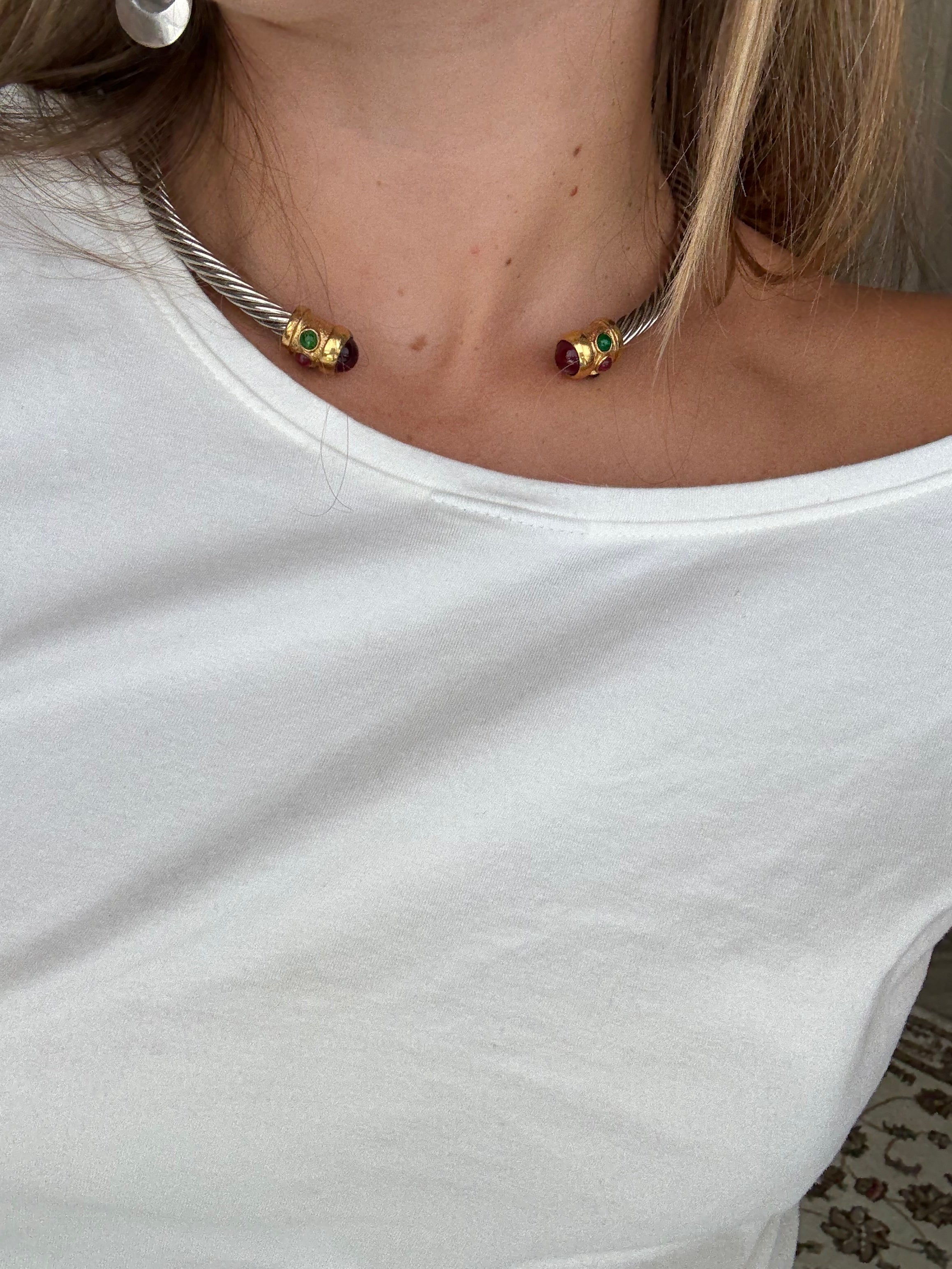 Gemstone two toned cord necklace