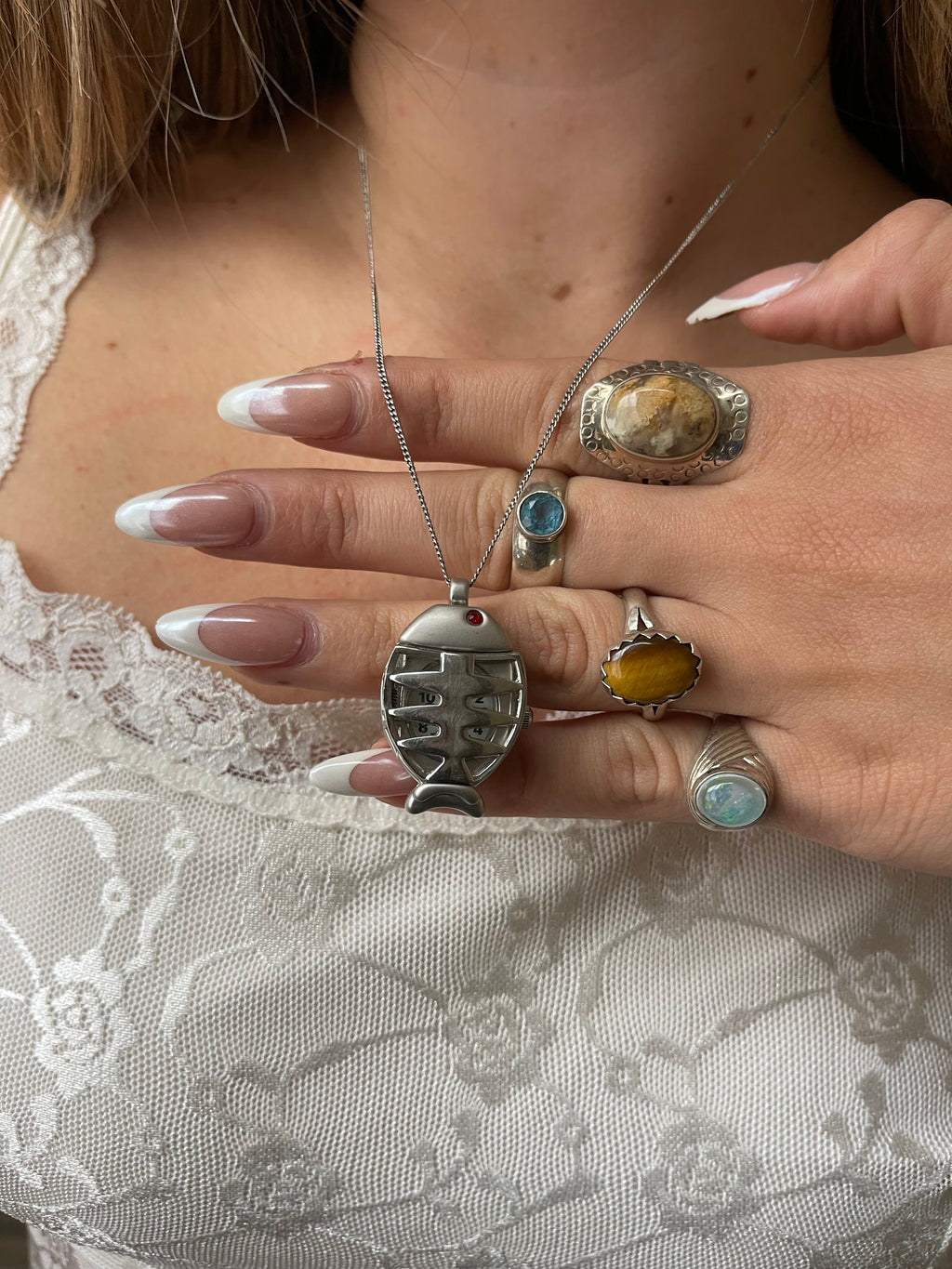 Fish clock pendant necklace